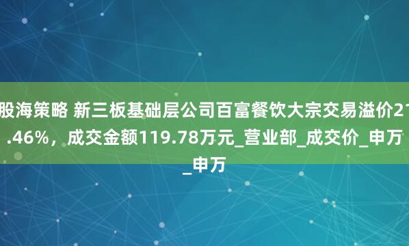 股海策略 新三板基础层公司百富餐饮大宗交易溢价21.46%，成交金额119.78万元_营业部_成交价_申万